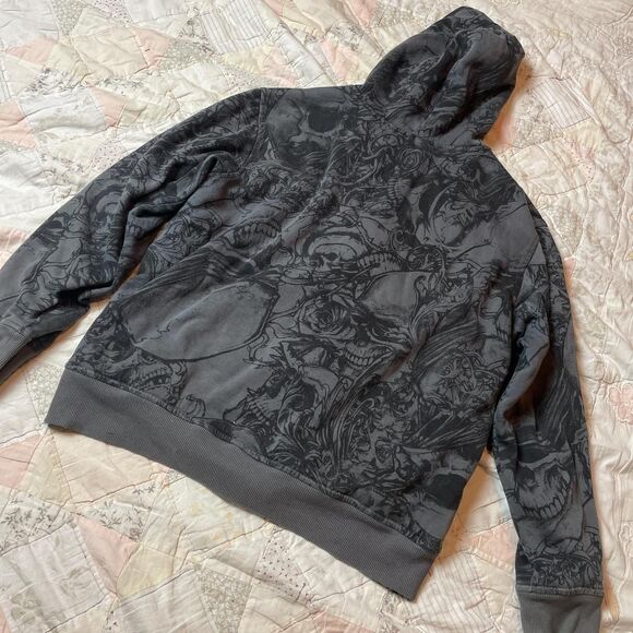 faded glory vintage y2k oversized skull print fleece lined hoodie medium - Picture 7 of 7